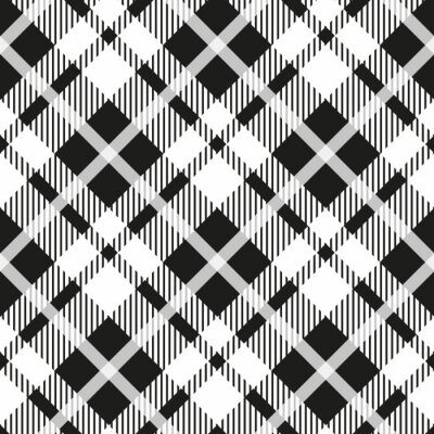 Tapete Black and white tartan diagonal seamless vector pattern Checkered plaid texture Geometrical simple square background for fabric, textile, cloth, clothing, shirts, shorts, dress blanket wrapping design