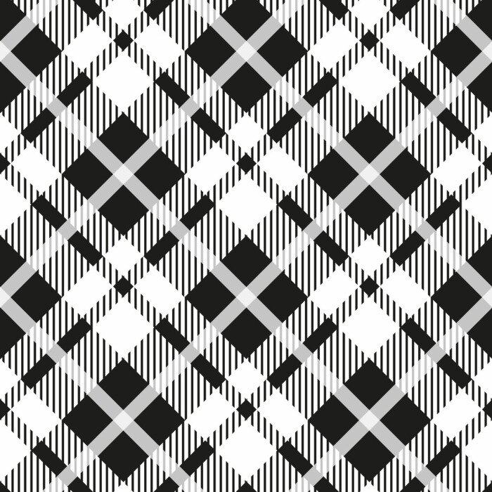 Tapete Black and white tartan diagonal seamless vector pattern Checkered plaid texture Geometrical simple square background for fabric, textile, cloth, clothing, shirts, shorts, dress blanket wrapping design