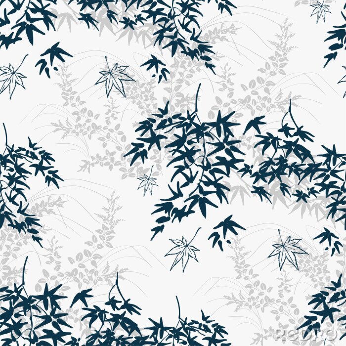 Tapete Blätter auf grauem Hintergrund im japanischen Stil