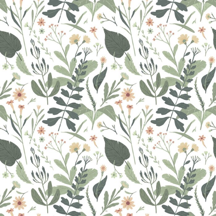 Tapete Blätter mit zarten gelben Blüten