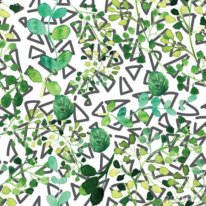 Tapete Blätter und Blumen nahtlose Muster. Hand gemalt Abbildung auf geometrischen Hintergrund