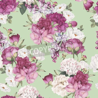 Tapete Blätter und Pfingstrosen auf grünem Grund