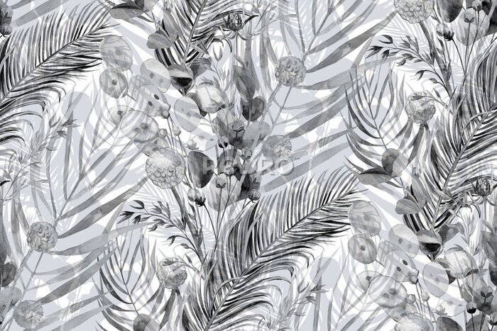 Tapete Blätter von Bäumen und Gras in Grau