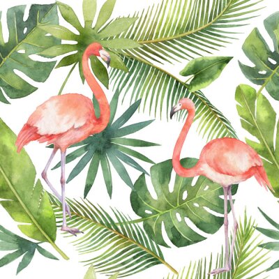 Tapete Blättern und Flamingos