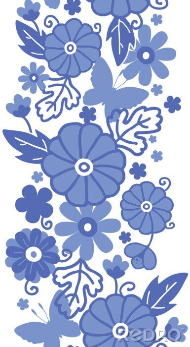 Tapete Blaue Blumen auf einem volkstümlichen Muster