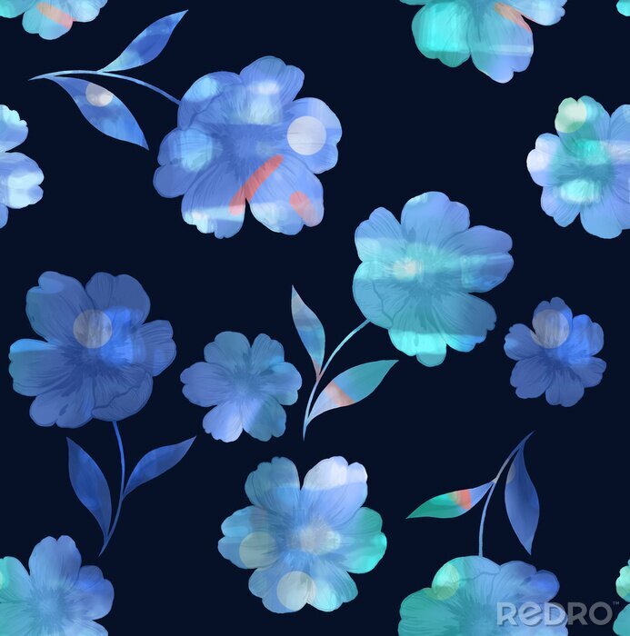 Tapete Blaue Blumen heben sich von einem dunklen Hintergrund ab