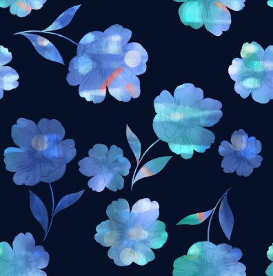 Tapete Blaue Blumen heben sich von einem dunklen Hintergrund ab