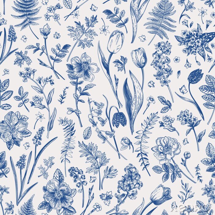 Tapete Blaue Blumen im Vintage-Stil