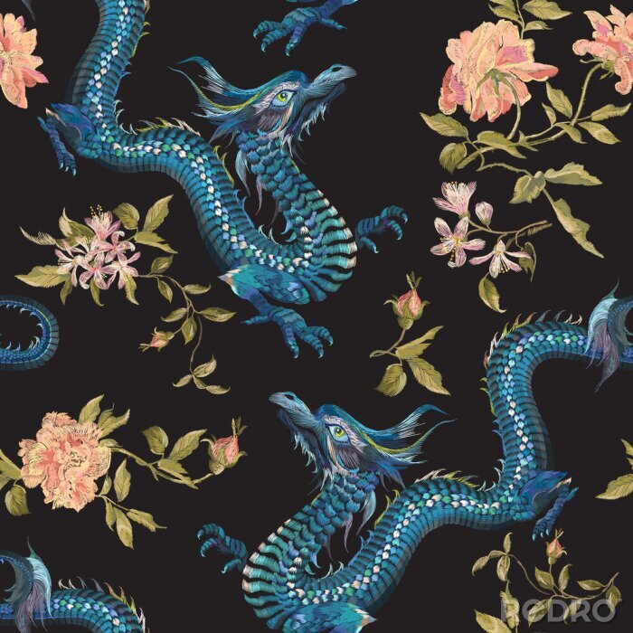 Tapete Blaue Drachen und Blumen im orientalischen Stil