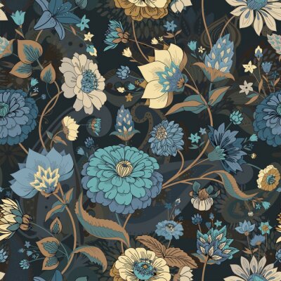 Tapete Blaue orientalische Blumen auf dunklem Hintergrund