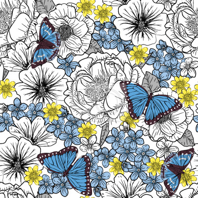 Tapete Blaue Schmetterlinge und schwarz-weiße Blumen