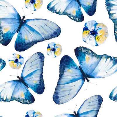 Blaue Schmetterlinge und Stiefmütterchenblüten