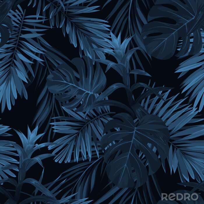 Tapete Blaue tropische Vegetation auf dunklem Hintergrund