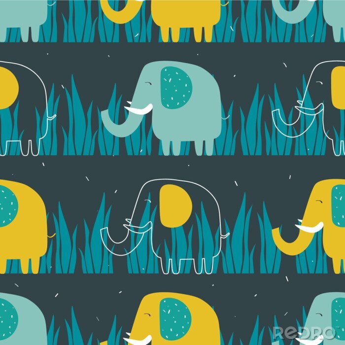 Tapete Blaue und gelbe Elefanten im Hintergrund
