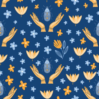 Tapete Blaue und gelbe Hände und Blumen auf einem marineblauen Hintergrund