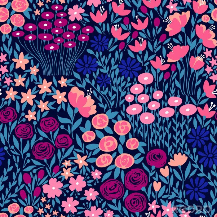 Tapete Blaues und rosa Blumenmuster