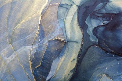 Tapete Blue and gold alcohol ink technique. Luxury abstract fluid art painting background.