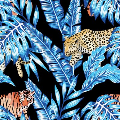 Tapete blue banana leaves tiger leopard seamless black background
