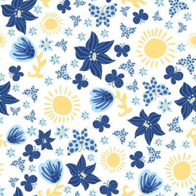 Tapete Blue flowers, butterflies and yellow suns seamless vector pattern on a white background. Decorative summertime surface print design. For fabrics, greeting cards, wrapping paper, and packaging.