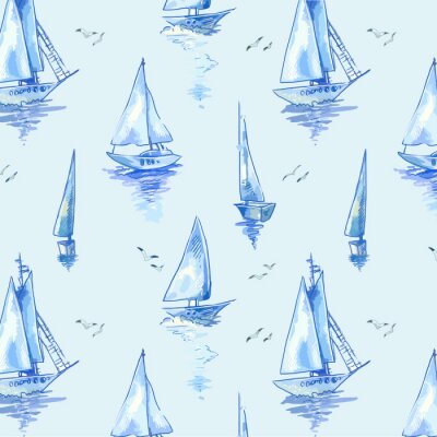 Tapete Blue sailboats. Vector pattern with boats in watercolor style