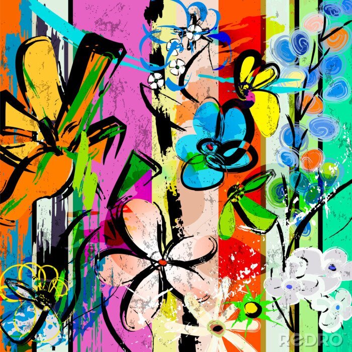 Tapete Blumen als abstrakte Graffiti-Komposition