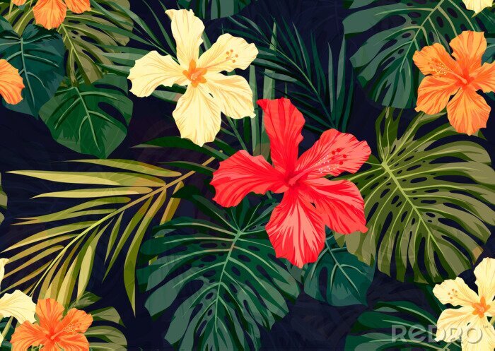Tapete Blumen aus dem Dschungel im grafischen Stil