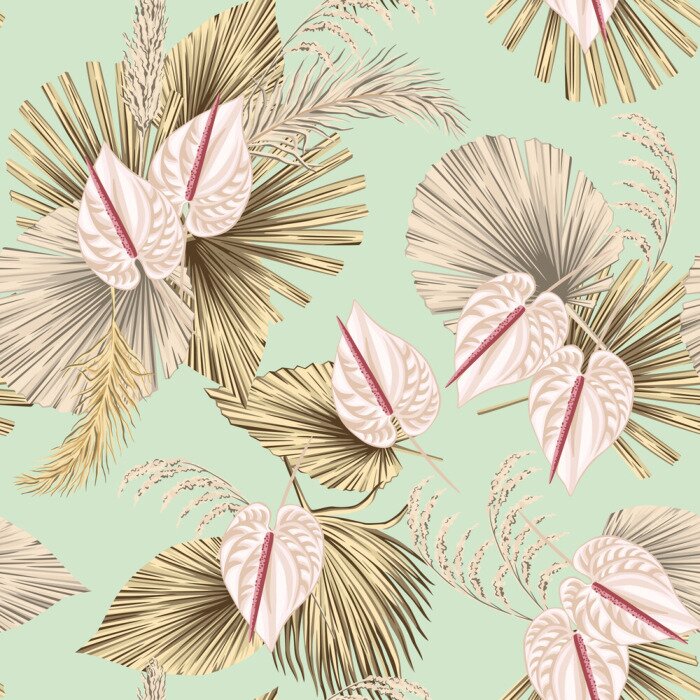 Tapete Blumen und Palmenblätter