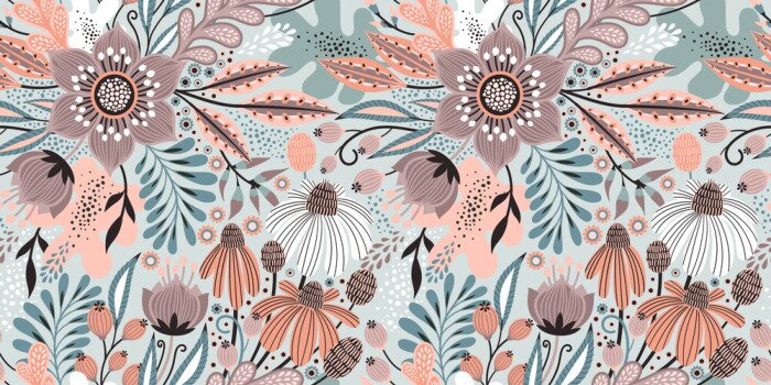 Tapete Blumenmuster auf weißem Hintergrund im skandinavischen Stil