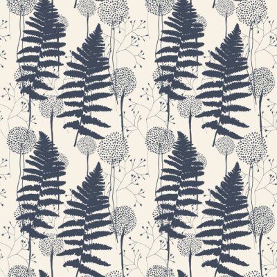 Tapete Blumenmuster mit Farnblättern, Löwenzahn und Gräsern.