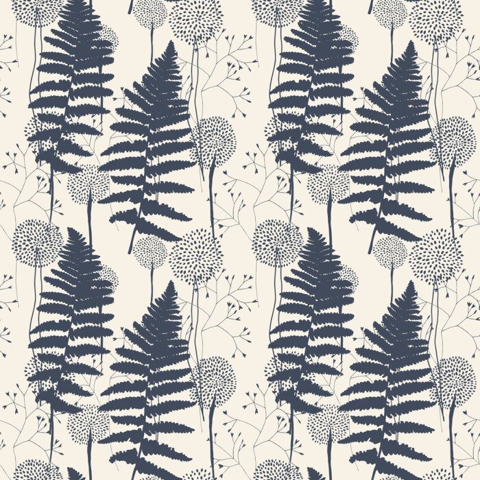 Tapete Blumenmuster mit Farnblättern, Löwenzahn und Gräsern.