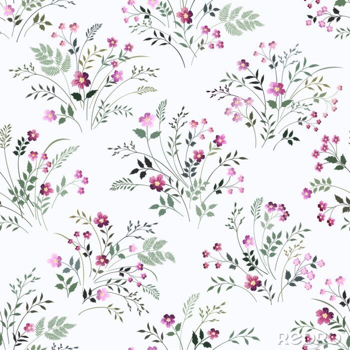 Tapete Blumensträuße aus wilden Blumen auf weißem Hintergrund