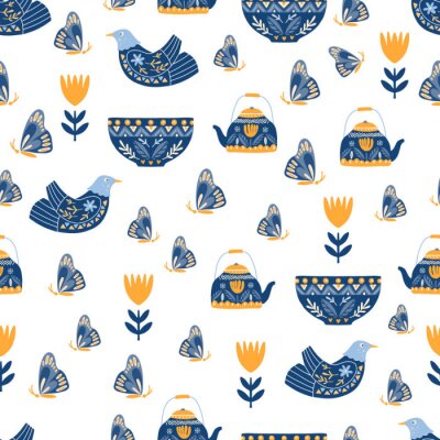 Tapete Blumenvögel und blaue Schmetterlinge auf einem weißen Hintergrund