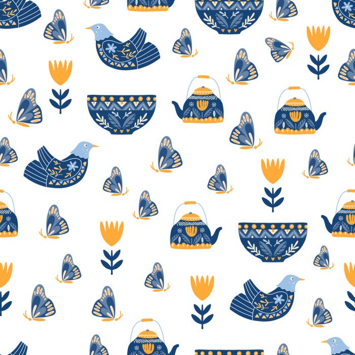 Tapete Blumenvögel und blaue Schmetterlinge auf einem weißen Hintergrund