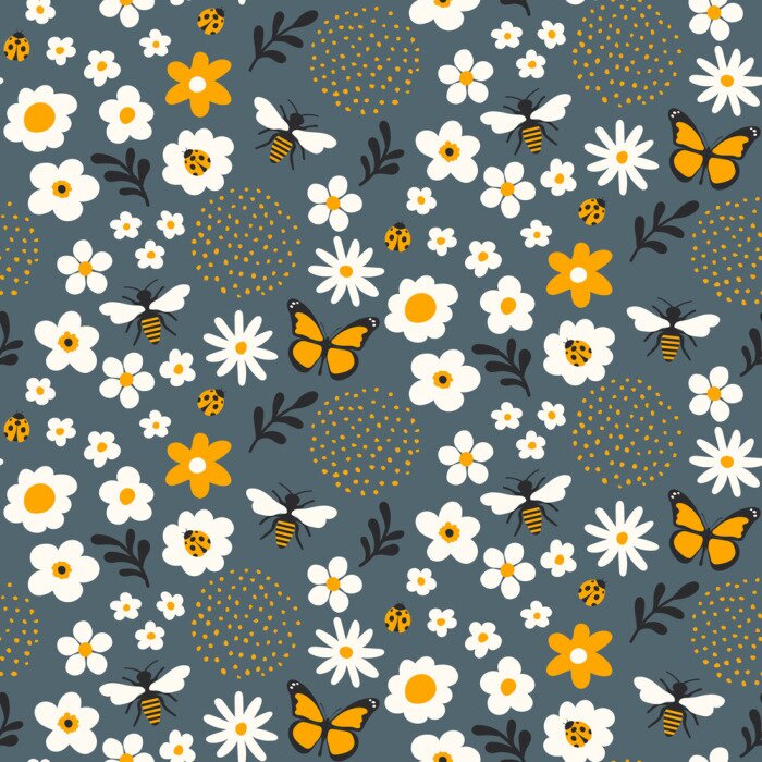 Tapete Blumenwiese mit gelben Schmetterlingen