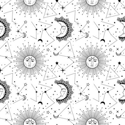 Tapete Bohemian seamless pattern with sun, moon, stars and constellation. Vintage style. Gypsy and hipster vector illustration. Astronomy and astrology symbol.