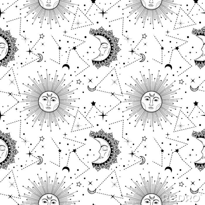 Tapete Bohemian seamless pattern with sun, moon, stars and constellation. Vintage style. Gypsy and hipster vector illustration. Astronomy and astrology symbol.