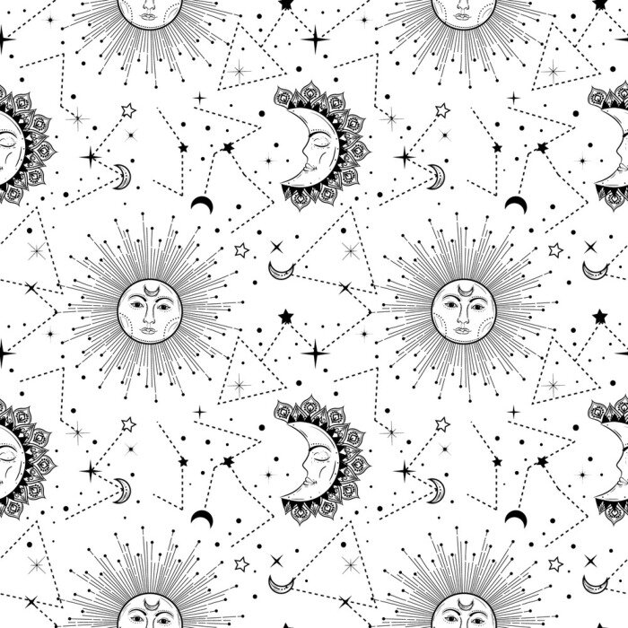 Tapete Bohemian seamless pattern with sun, moon, stars and constellation. Vintage style. Gypsy and hipster vector illustration. Astronomy and astrology symbol.