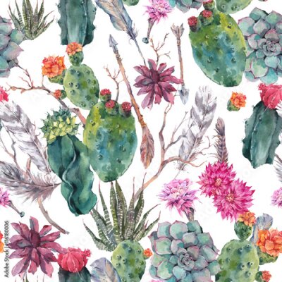 Tapete Boho-Muster mit Pfeilfedern und Kakteen