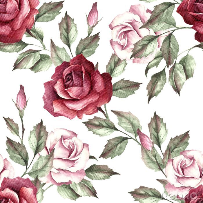 Tapete Bordeauxrote Rosen mit Buntstiften gemalt romantische Grafik