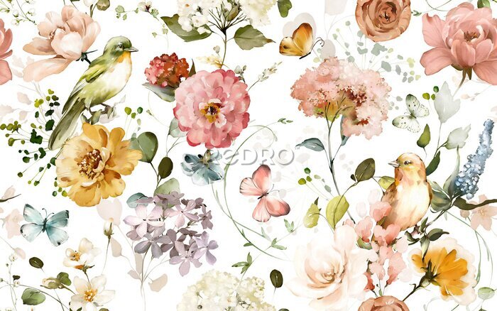 Tapete Botanisches Muster mit Vögeln mit Aquarellfarben gemalt