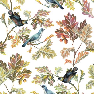 Tapete Botanisches nahtloses Muster mit Vögeln, Eichenzweigen, Blättern und Eicheln. Naturmotiv gezeichnet durch Farbstifte lokalisiert auf Weiß. Ideal für Bettwäsche, Stoff, Kleidung, Tapeten, Verpackung