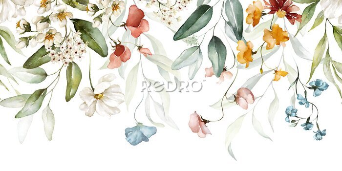 Tapete Bouquet border - green leaves and blush pink flowers on white background. Watercolor hand painted seamless border. Floral illustration. Foliage pattern.