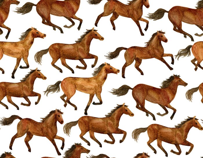 Tapete Braune Pferde mit Aquarell bemalt