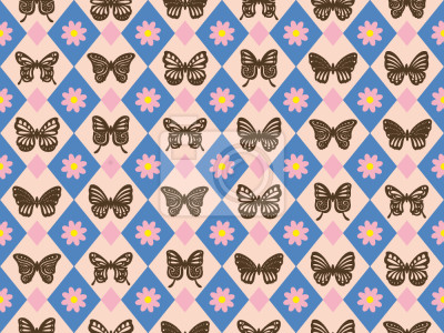 Tapete Braune Schmetterlinge und rosa Blumen