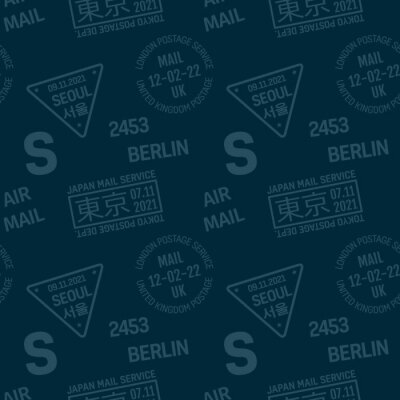 Tapete Briefmarke Muster, für Print und Web. Text auf japanisch Bedeutung Tokio, in Koreanisch - Bedeutung Seoul.