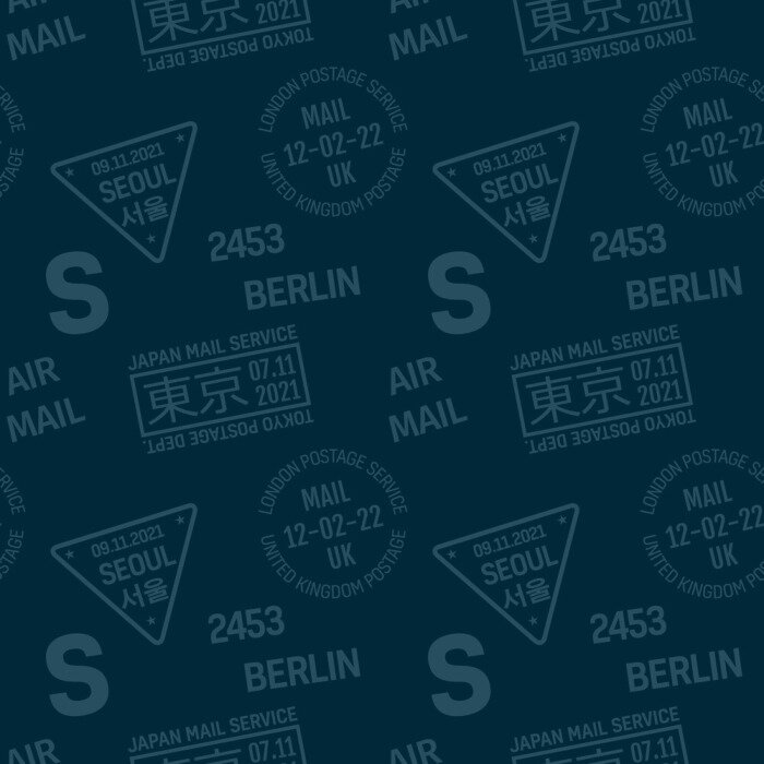 Tapete Briefmarke Muster, für Print und Web. Text auf japanisch Bedeutung Tokio, in Koreanisch - Bedeutung Seoul.