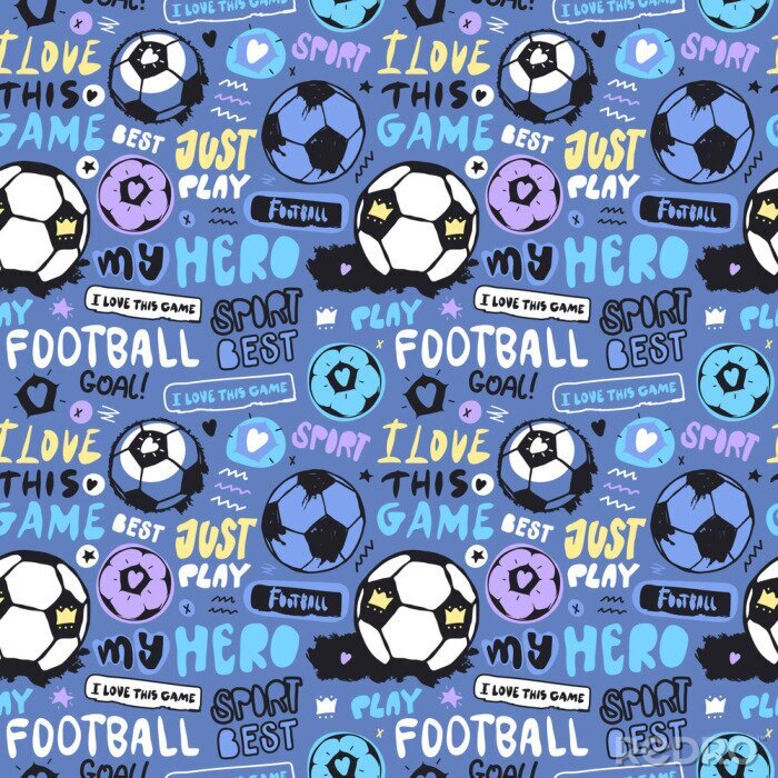 Tapete Bright multi-colored seamless pattern with soccer ball and lettering for children. Sports background for textiles. Football wallpapers for a boy. Grunge ball, doodle star, heart, crown..