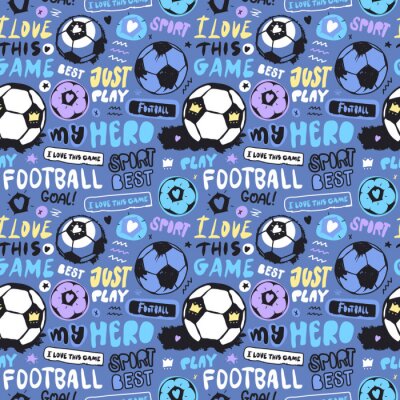 Tapete Bright multi-colored seamless pattern with soccer ball and lettering for children. Sports background for textiles. Football wallpapers for a boy. Grunge ball, doodle star, heart, crown..