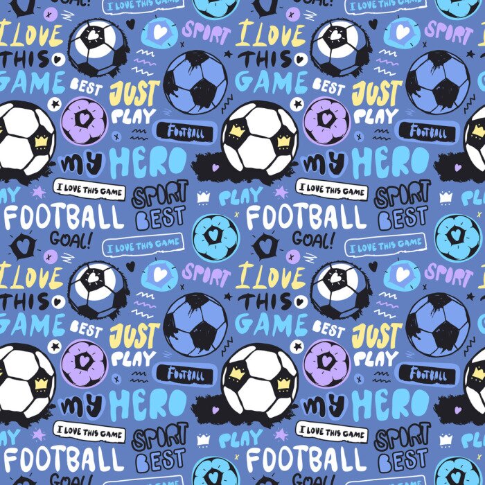 Tapete Bright multi-colored seamless pattern with soccer ball and lettering for children. Sports background for textiles. Football wallpapers for a boy. Grunge ball, doodle star, heart, crown..