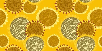 Tapete Bright seamless pattern with sunflowers on a rich yellow background. Abstract floral print in hand-drawn style. Excellent design for fabrics, Wallpaper, sunflower oil packaging, health food...Vector.
